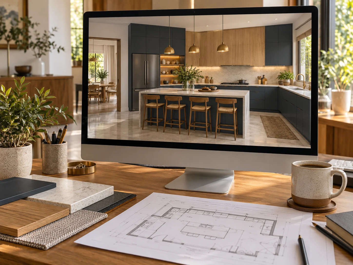 Kitchen design visualisation displayed on a desktop computer