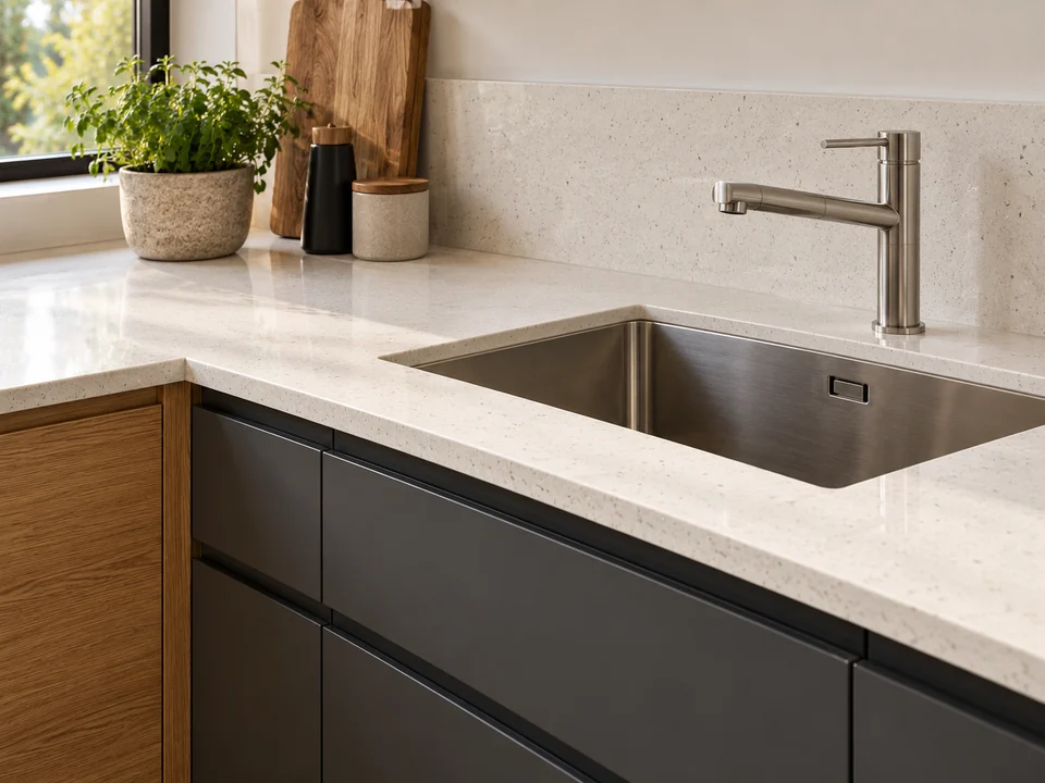 Quartz worktop edge, stainless steel sink and brushed steel tap above graphite drawers