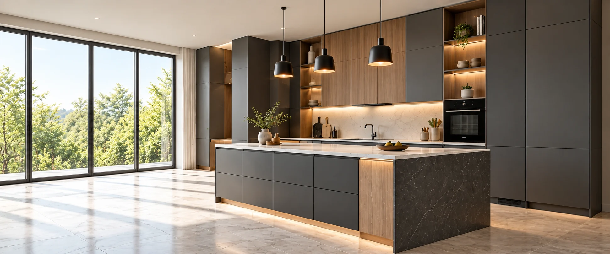 Warm grey and oak kitchen with a stone island, black pendant lights and bright windows