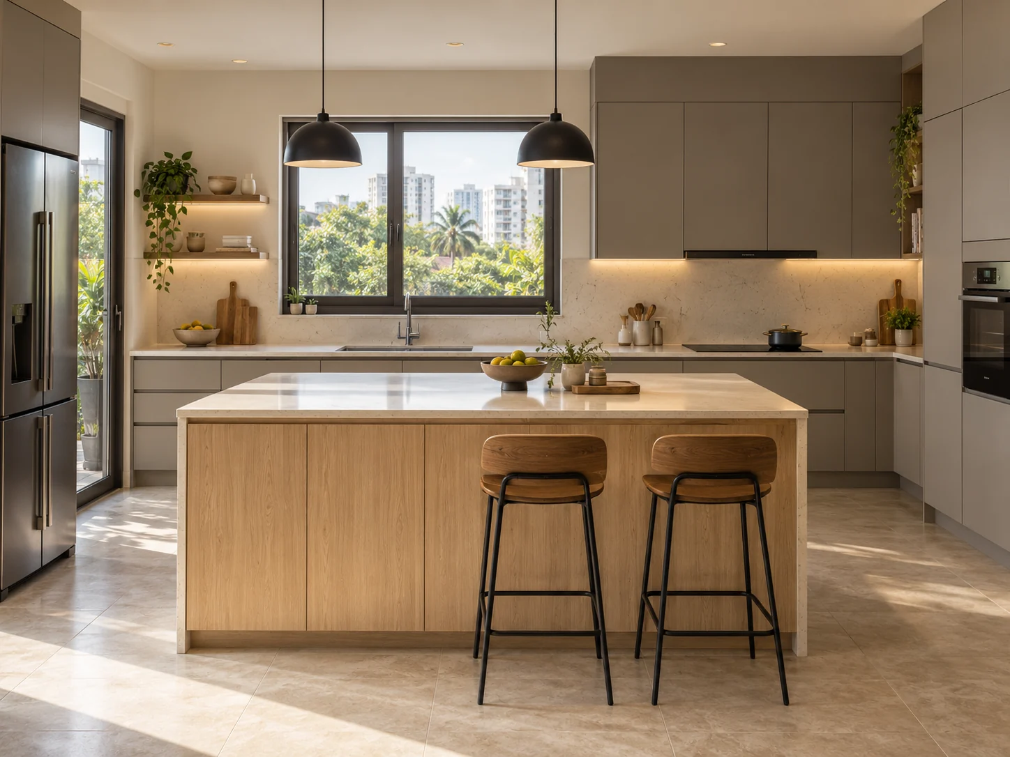 Warm grey kitchen with a freestanding oak island, quartz worktop and two stools