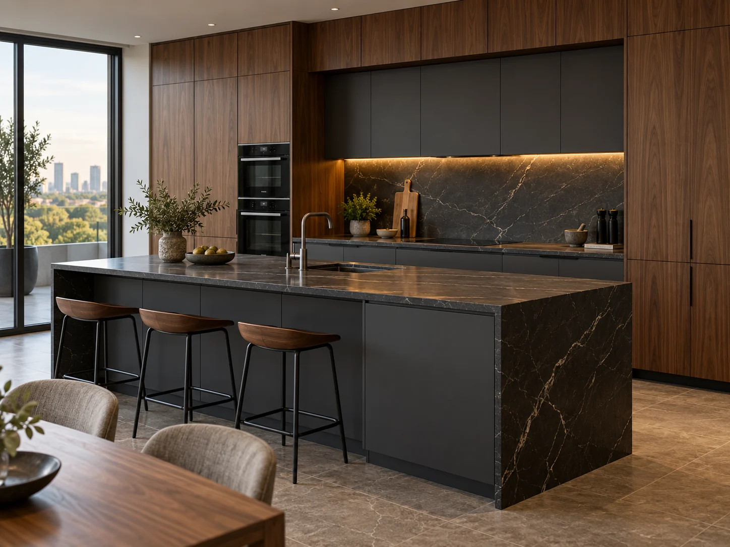 Walnut and charcoal kitchen with a dark stone island and integrated ovens