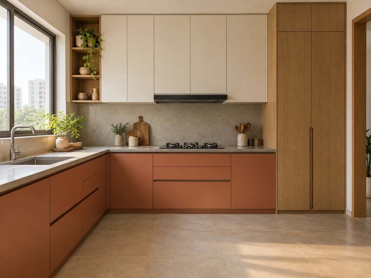 Terracotta modular kitchen with white wall cabinets and a tall oak pantry
