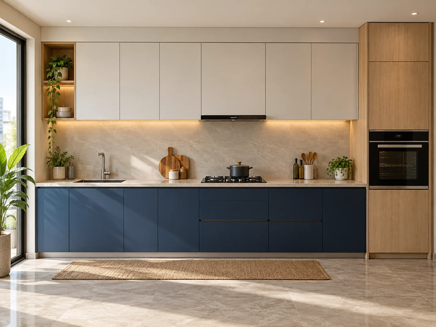 Single-wall navy kitchen with white wall cabinets and a tall oak appliance unit